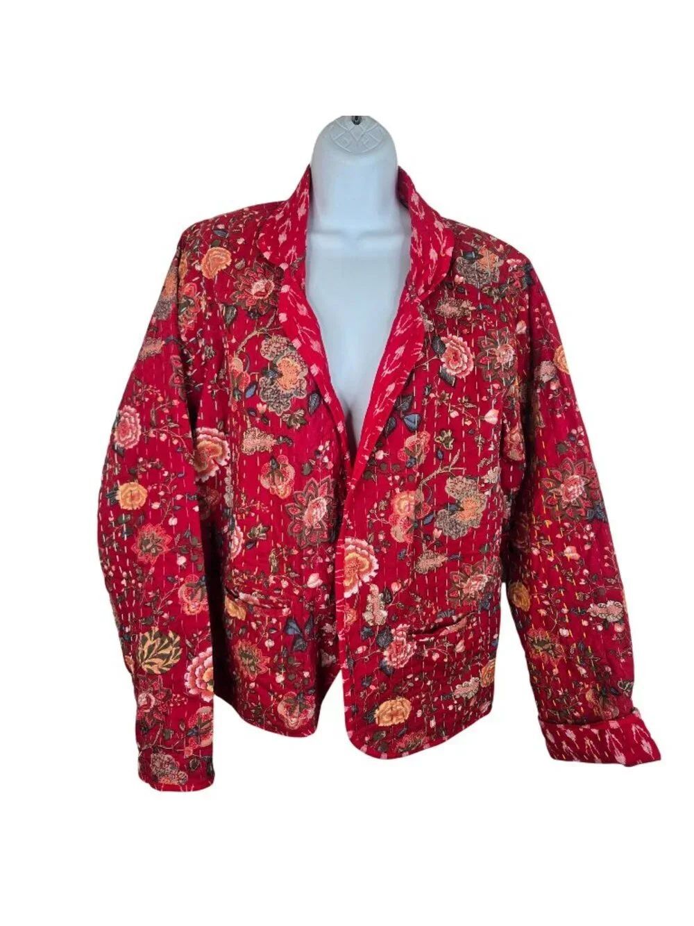Floral Red Quilted Jacket Blazer 100% Cotton Womens M Cottage Granny Core